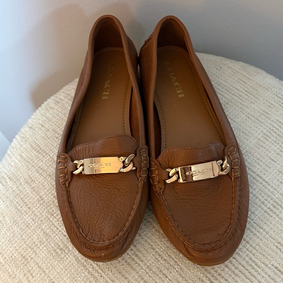 Coach Brown Leather Loafers Gold Logo Hardware Flats - Picture 5 of 5